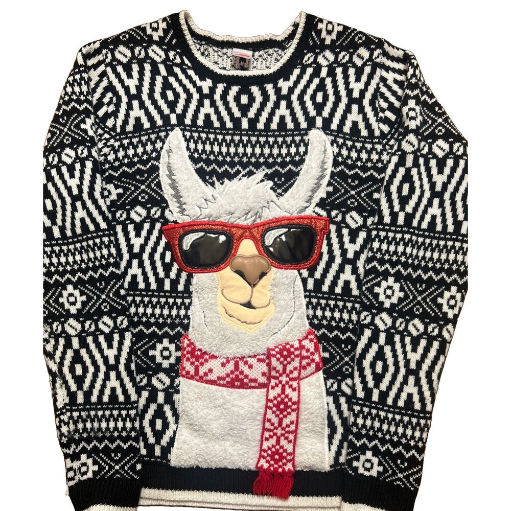 Holiday Time Ugly Sweater Mens S Llama Sunglasses Geo Black White Knit Pullover